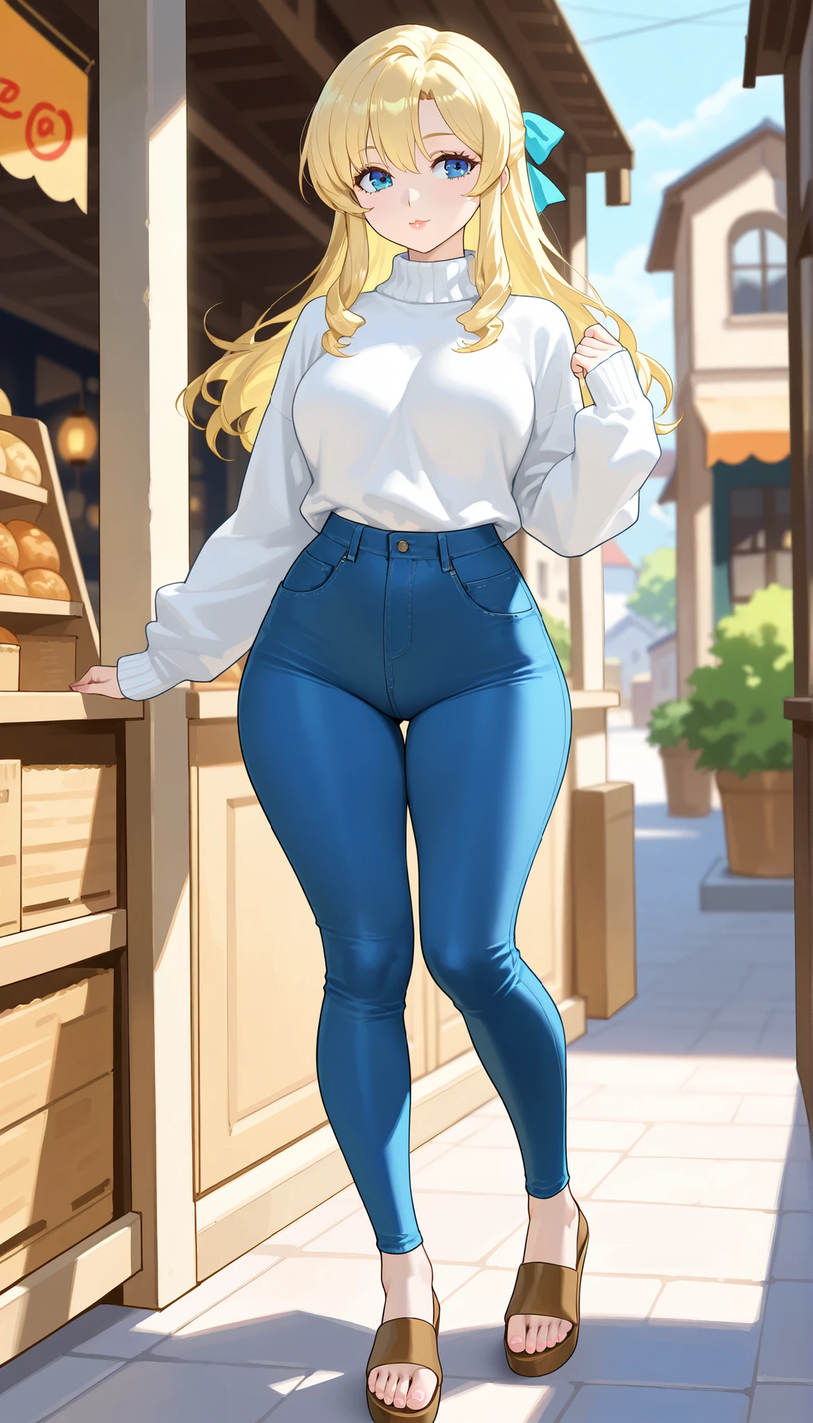 A mature beautiful woman with blond hair, extremely fair white natural skin, big blue-hazel eyes, red plump glossy lips, a small waist, and a perfect slim yet curvy body. She's only wearing a white sweater shirt with long tight sleeves, long tight blue jeans, a cardigan over the sweater, a hair ribbon on the side, and brown sandals. She's walking through a village market street while holding some bags with a plain expression. Show her full body and super hyper-detailed.