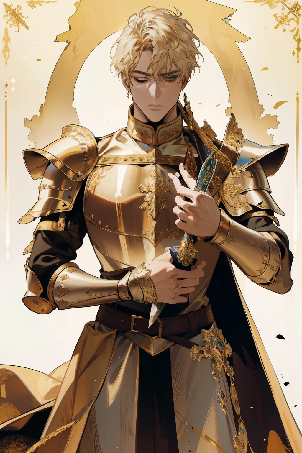  1 man, medieval fantasy landscape, realistic, 4k, Golden Coast, elaborate, Extreme Details, expert work, Vibrant Colors, soft lighting, Medieval Armor Wearing, Deep View, Ancient Citadel Background, Paladin's Sturdy Stance, serious look, Hand holding a knife , Precious Jewelry, Old Broken Wall