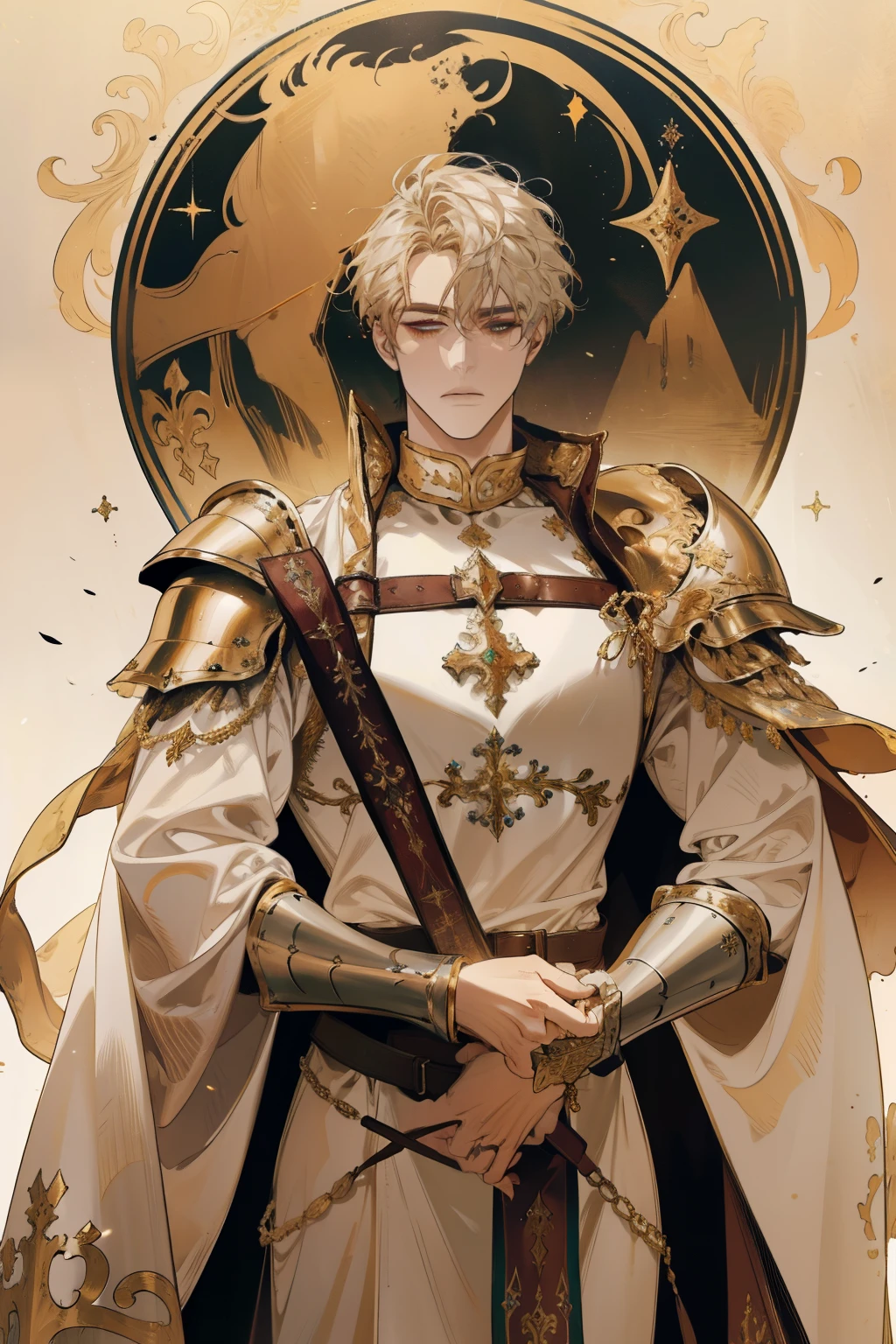  1 man, medieval fantasy landscape, realistic, 4k, Golden Coast, elaborate, Extreme Details, expert work, Vibrant Colors, soft lighting, Medieval Armor Wearing, Deep View, Ancient Citadel Background, Paladin's Sturdy Stance, serious look, Hand holding a knife , Precious Jewelry, Old Broken Wall