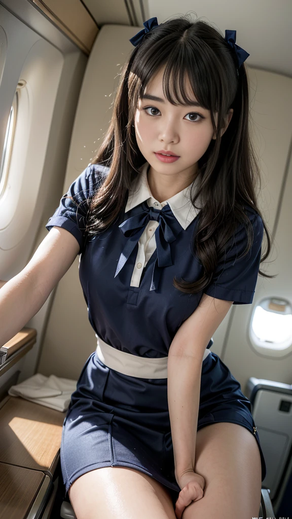 masterpiece, best quality, ultra-detailed, extremely detailed, 4K, 8K, best quality, beautiful, a pretty woman, japanese woman, solo, (((highlights hair))), beautiful brown eyes, long hair, ((stewardess)), navy blue skirt, large breast, (ashamed), ((panty is visible)), (spread legs),