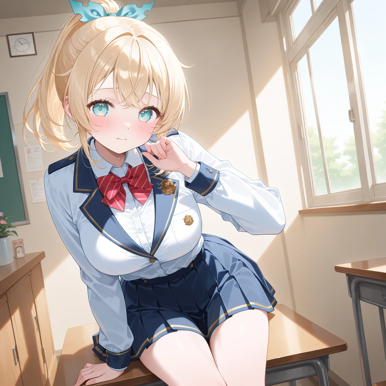 One Girl、uniform、Blonde, short hair down to the shoulders、Blue Eyes、A kind, smiling face、School classroom、There is a desk in front、Sitting on a chair、The bag is placed on the desk、uniformはセーラー服でスカートがピンク色
