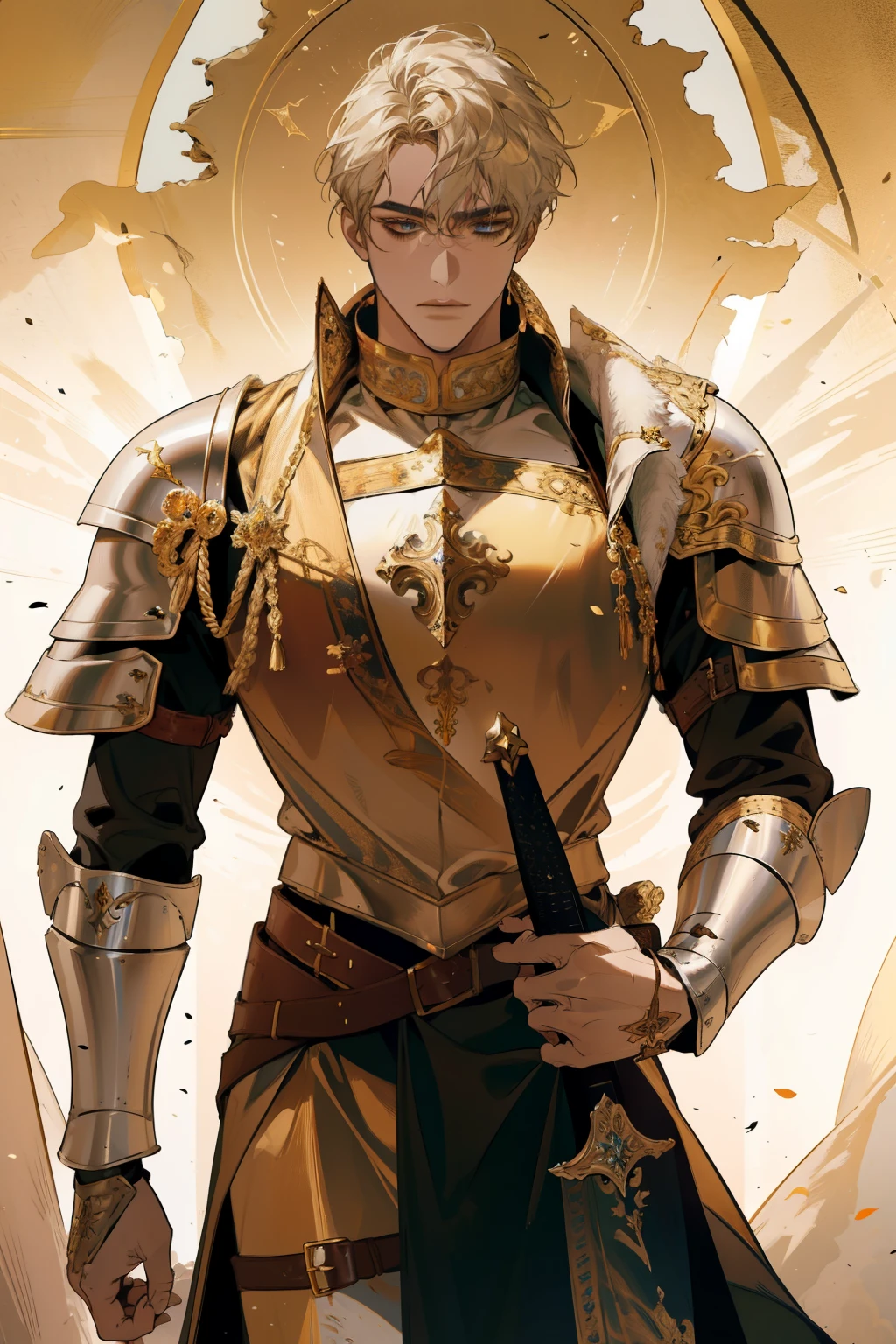  1 man, medieval fantasy landscape, realistic, 4k, Golden Coast, elaborate, Extreme Details, expert work, Vibrant Colors, soft lighting, Medieval Armor Wearing, Deep View, Ancient Citadel Background, Paladin's Sturdy Stance, serious look, Hand holding a knife , Precious Jewelry, Old Broken Wall