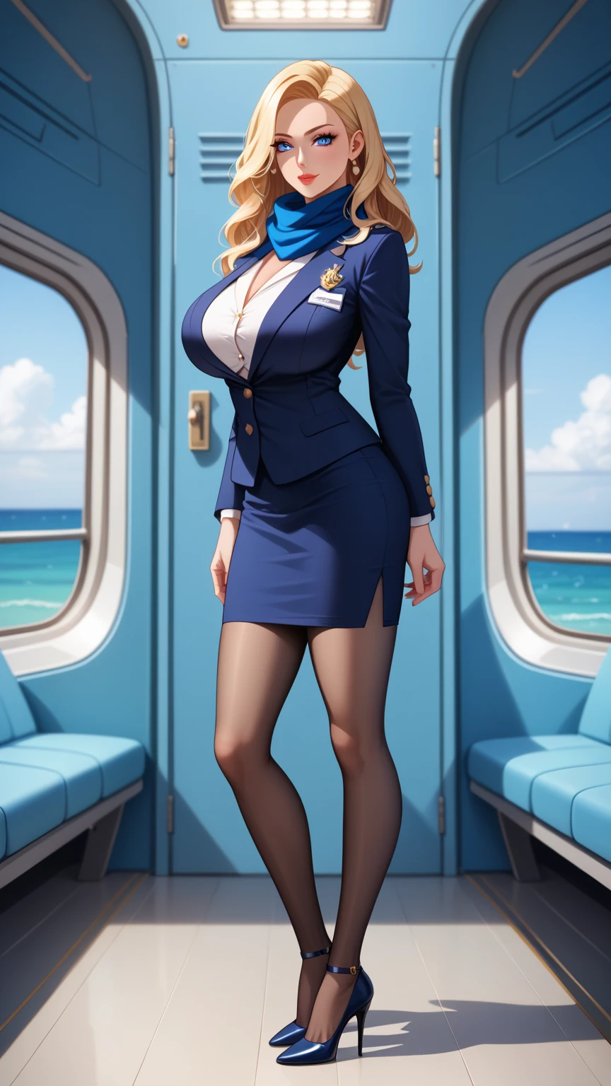sexy stewardess wearing low-cut uniform with epaulets miniskirt and high heels standing in full height legs apart outside on airport tarmac,
blue sky with clouds,
whole body, body shot, centered horizon line,
anime, pixar style, thepit bimbo,
beautiful face,perfect face,sanpaku,
skin pores, intricate skin texture, realistic skin,
realistic,professional,limited palette,high contrast,amazing detail,bright background,
masterpiece, best quality, HDR, viewpoint, highest quality, sharp focus, digital art render, 8k