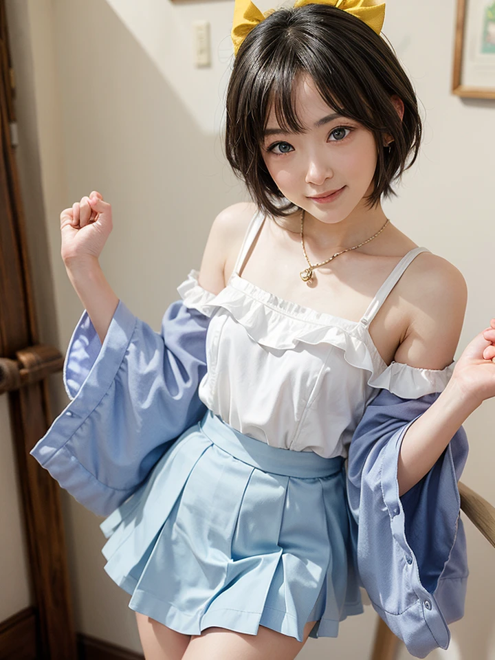 ((masterpiece, best quality)),((highres:1.2)), 1 Girl, solo, Blurred Background, (((Small breasts))), Thighs, (Stripe underwear), T-Shirts, (pixie cut)