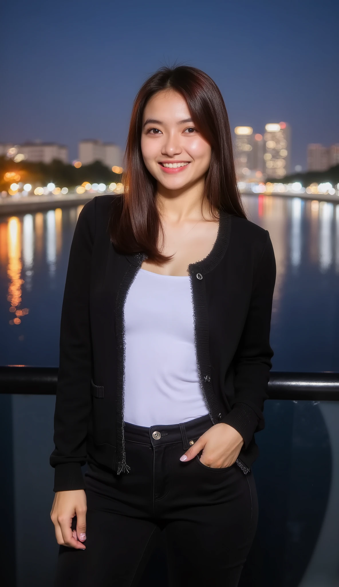A beautiful indonesian female with long straight hairstyle, 25 years old. indonesian face, highly detailed beautiful face and eyes, attractive face, charming face, Full body, perfect body, white skin, , anatomically correct, long straight hair, brown hair. Wearing black cardigan, white t-shirt, black skinny jeans. Background overlooking a beautiful river and city at night. Standing facing forward, Look at viewer, smile showing teeth, hand in pocket. Ultra detailed body, highly detailed appearance, hyper quality image. Bokeh. Hyper resolution. Ultra high realistic image. 16k. Ultra detailed