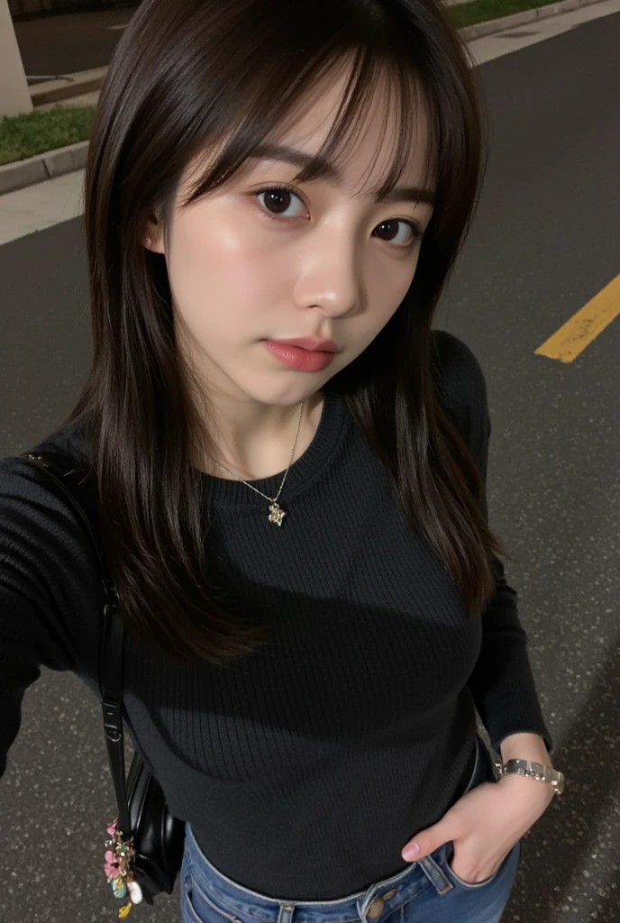 Arafed woman wearing a black top and a brown jacket., she has black hair con flequillo, half asian, Asian girl, taken in the early 2020s, con flequillo, young Asian girl, a young asian woman, ilya kuvshinov con pelo largo, meg kimura, chica anime en la vida real, gemma chen
