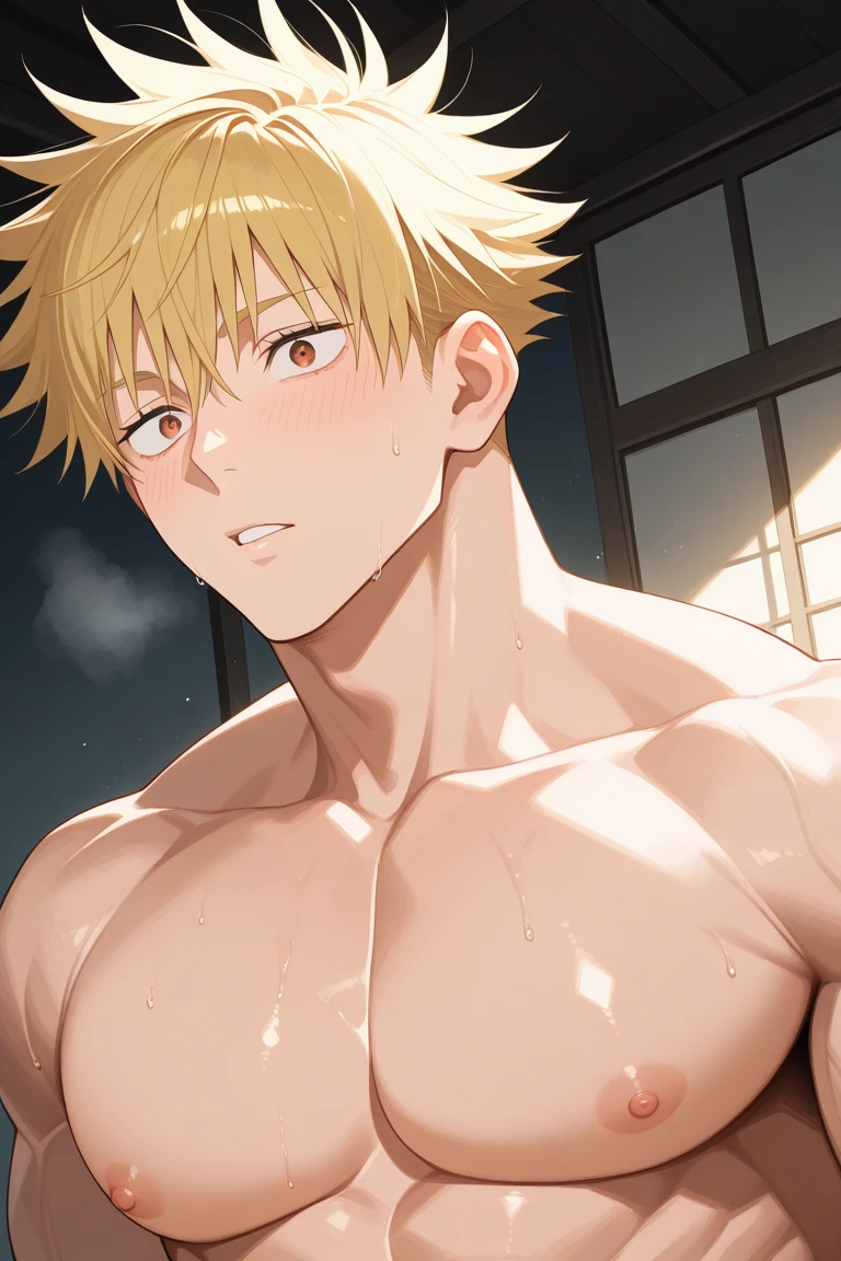 A man, slender with fair skin, has medium-length blonde hair that is damp. He is semi-nude, covered by a short white towel, sitting on the benches of a Japanese sauna, relaxed and glistening with sweat. His arms are stretched out over the backrest, his eyes are closed, and his lips form a gentle smile.