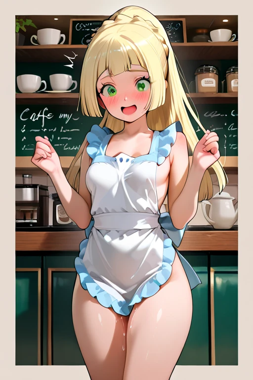 1girl, adult woman, (Naked: 1.4), (Blushing:1.4),(micro lace lingerie, Garter belt and lace stockings, lace choker collar), collarbone, Smile, Cowboy Shot, ((A coffee Cup)), Full Body, background: kitchen
