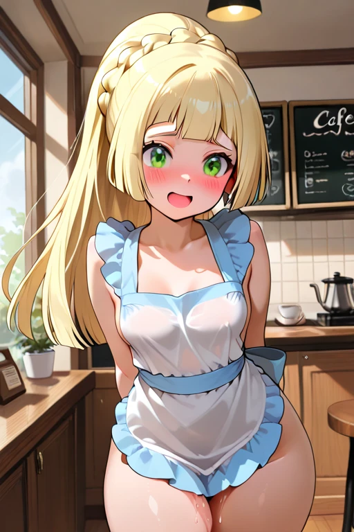 nsfw,,1 person,Sweat,White Breath,solo,,Pokémon,Lillie,Groin bulge,(Cleavage voyeur),Leaning forward,room,(D Cup),View from above the parka