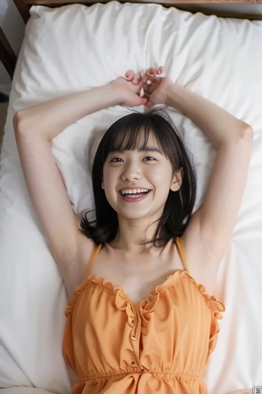 ((lying:1.5)), ((lying:1.5)), ((lying:1.5)), ((overhead shot:1.5)), ((overhead shot:1.5)), ((overhead shot:1.5)), ((Supine Position:1.5)), ((Photographed from directly above:1.5)), ((take a photo from directly above:1.5)), ((From above:1.5)), ((Photographed from directly above:1.5)), ((on bed:1.5)), ((on bed:1.5)), ((Hotel Bed:1.5)).
((one woman,1 female)), ((wearing a transparent white blouse:1.5)), ((mini skirt:1.5)).
((beautiful straight black long hair:1.5)), (bangs:1.7), (small natural breasts:1,7), ((flat chest:1.8)).
((looking at viewer:1.5)), ((look into the viewer's eyes:1.5)), ((Looking into the camera:1.5)), ((Viewer's line of sight:1.5)), Elderly face, ((flabbergasted:1.5)), strong maternal qualities, Staring at this, Face is close, Staring at this, Ultra-fine, Beautiful Hair, Transparent Photo, Have a look at this, Perfect Fingers, Perfect Face, Detailed Background, Fair skin, Translucent white skin, Perfect Fingers, Detailed Background, Highest quality, very High resolution, Perfect Anatomy, High resolution, RAW color photos, Professional photography, Very delicate, Very detailed, Finely detailed, Large file size, Best image quality, 16K, Award-winning works, Tabletop, Professional Photography,