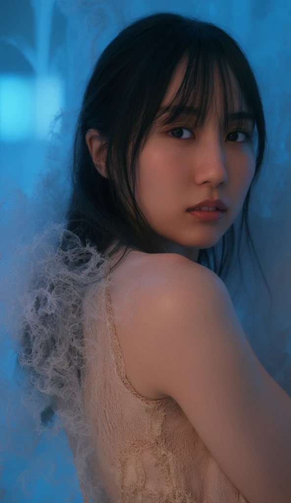 (Highest quality, 32k, High resolution, Masterpiece:1.5, ), marimo_jet, god々A photograph with brilliant dazzling and healing power., Expressing emotions, Have a rich imagination, Beautiful Japanese Girls, An exceptionally beautiful face, Small Face Beauty, Close-up shot, Getting naked in the pool, (Above water level Above chest level:1.3), ((Looking up at the night sky:1.3)), Perfect Human Anatomy, Magical big eyes, Motherhood and generosity, Deep Love, fleeting smile, ((Hair that shines like the starry sky:1.8)), Super Long Straight Silk Hair, Asymmetrical bangs, Hair between the eyes, Transparent, soft white skin, Sharp eyebrows, Thin lashes, Natural Makeup, Cheek highlighter, Pale pink detailed lips, High resolutionの完璧な鎖骨, High resolutionの美しい胸元, Slim figure with ample breasts, blue night, The water surface shines colorfully, illumination, Colorful lights, sparkling light effect, Professional Lighting, Professional photographer, Professional models, god秘的