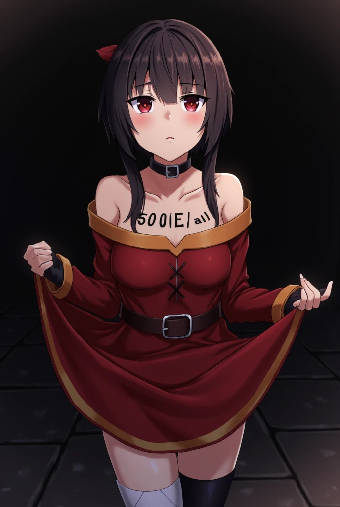 (NSFW:1.4), 1girl,1girl,red eyes,short hair,brown hair,choker,collarbone,short hair with long locks,sidelocks,good hand,small breasts,smile,smug, witch hat,black cape,black thighhighs,bandages,red dress,black gloves,single thighhigh,belt,orange boots,asymmetrical legwear,bandaged leg,((slave collar:1.2))