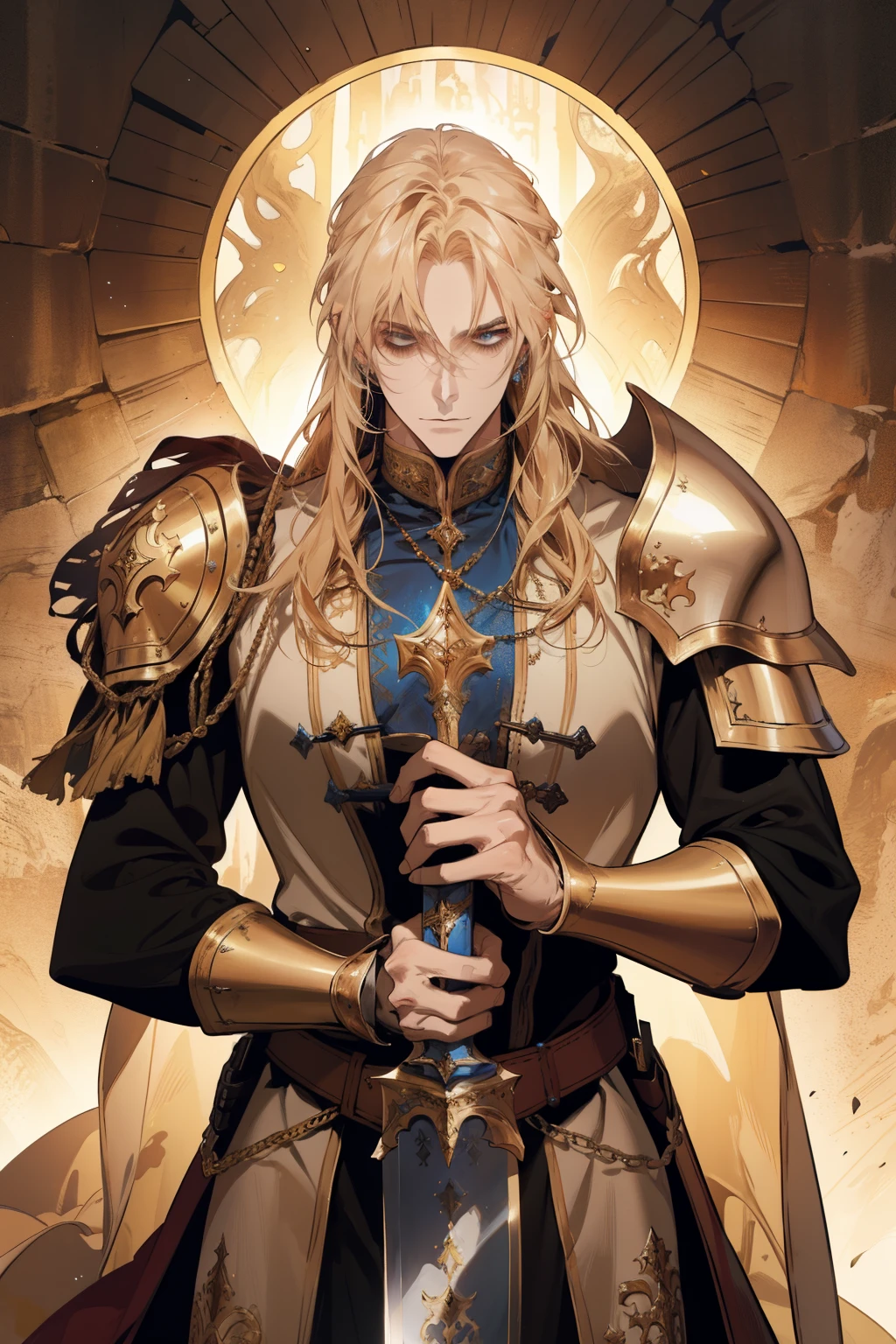 1 man, medieval fantasy landscape, realistic, 4k, Golden Coast, elaborate, Extreme Details, expert work, Vibrant Colors, soft lighting, Medieval Armor Wearing, Deep View, Ancient Citadel Background, Paladin's Sturdy Stance, serious look, Hand holding a knife , Precious Jewelry, Old Broken Wall