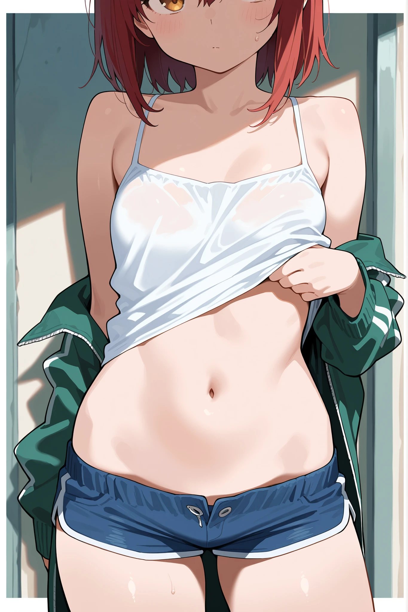 (shaded face:1.2), hollow eyes, blue eyes, looking at viewer, heavy breathing, smirk, uppert teeth, haruhiko_ichijou_mother, long hair, black hair, blue eyes, ponytail, bag, piercing, navel_piercing, backpack, jewelry, 1girl, necklace, navel, handbag, solo, underwear, shirt, nail_polish, earrings, looking_at_viewer, panties, blue_shirt, watch, bracelet, hair_over_one_eye, breasts, long_hair, "glow effects, godrays, Hand drawn, render, 8k, octane render, cinema 4d, blender, dark, atmospheric 4k ultra detailed, cinematic, Sharp focus, big depth of field, Masterpiece, colors, 3d octane render, 4k, concept art, trending on artstation, hyperrealistic, Vivid colors, extremely detailed CG unity 8k wallpaper, trending on CGSociety, Intricate, High Detail, dramatic", sweating, steaming body, fog, (anime coloring, anime screencap:1.5)