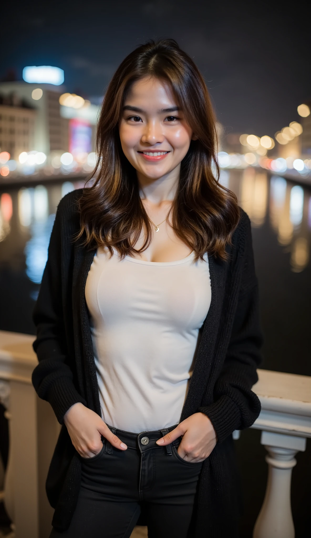 A beautiful indonesian female with long tangled hairstyle, 25 years old. indonesian face, highly detailed beautiful face and eyes, attractive face, charming face, Full body, perfect body, white skin, , anatomically correct, long tangled hair, brown hair. Wearing black cardigan, white t-shirt, black skinny jeans. Background overlooking a beautiful river and city at night. Standing facing forward, Look at viewer, smile showing teeth, hand in pocket. Ultra detailed body, highly detailed appearance, hyper quality image. Bokeh. Hyper resolution. Ultra high realistic image. 16k. Ultra detailed
