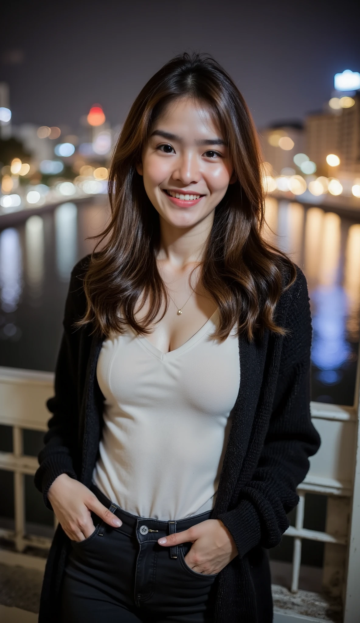 A beautiful indonesian female with long tangled hairstyle, 25 years old. indonesian face, highly detailed beautiful face and eyes, attractive face, charming face, Full body, perfect body, white skin, , anatomically correct, long tangled hair, brown hair. Wearing black cardigan, white t-shirt, black skinny jeans. Background overlooking a beautiful river and city at night. Standing facing forward, Look at viewer, smile showing teeth, hand in pocket. Ultra detailed body, highly detailed appearance, hyper quality image. Bokeh. Hyper resolution. Ultra high realistic image. 16k. Ultra detailed