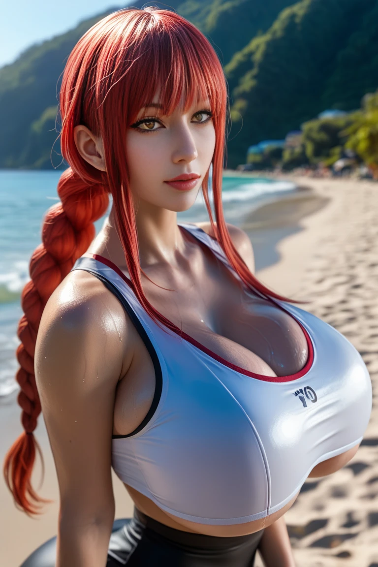 llama, work of art, Maximum quality, the extremely detailed CG Unity 8k wallpapers, Ultra-realistic 8kCG,1 girl,bangss,braided ponytail,single braid,chestnut hair,hair orange,pretty long hair,side locks,red earrings,hair over one eye,greeneyes,blue colored eyes, beachfront, red bikini, sexly, milf,