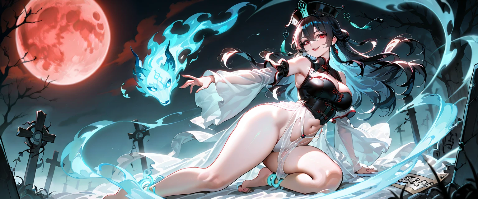 ((fantasy genre)), ((dark fantasy)), ((female character)), ((magic)), ((curves)), ((boxmon)), ((black clothing)), ((villain))((large breasts))((turned legs))((small waist))(ruthless))((sexy))((yummy))((black hair with long, messy blue)) "In the dimly lit chamber, a mysterious figure emerges from the shadows in a room full of mystical objects. She is dressed elegantly and seductively, wearing a black outfit with several carefully crafted details. The piece has a modern and adjusted cut, highlighting its curves in an engaging way. The texture of the fabric is soft to the touch, providing a pleasant and luxurious feel. Sophisticated details such as delicate embroidery or lace applications adorn the outfit, adding a touch of glamour and mystery. The design is balanced, highlighting her slender figure with a slightly marked waist and enhancing her femininity. The choice of colors, in addition to the main black, can include subtle nuances that add depth and prominence to the set. The combination of elegance, sensuality and unique elements in the character's clothing makes her a captivating and intriguing presence., she exudes an aura of menace and power. His curves are charming, and his evil figure seems to defy reality. With a wave of her hand, she unleashes a torrent of black magic, filling the room with a sinister glow.