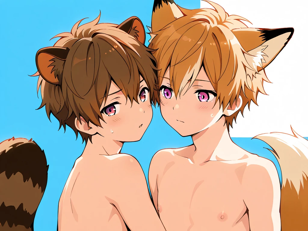 1boy, normal body, cute boy, orange hair, spiky hair, short hair, bangs, blue eyes, cat ears, cat tail, boy, blush, nude,e small penis, sem behinith big boy brown hair, penis put in his ole, cum, saliva, sofa