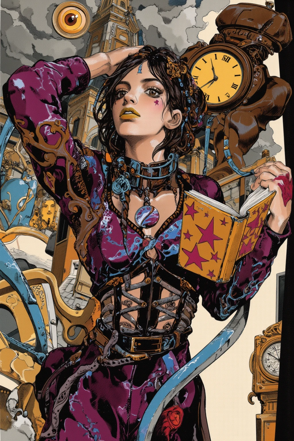 book bookmarks entangled in the hands, insanity and intelligence,insanity in the back of the eye,the book itself has an eerie presence
,with dark eye makeup and dark eye makeup and dark circles under the eyes,frayed or torn at the hem and cuffs,slender waist,old key necklace,earrings on one side only,long, disheveled hair, some bundled with braids or ribbons, but unkempt hair,red star marks on the neck,the corners are worn out and read,The details of the book are a five-pointed star pattern on the cover,crazy with open pupils,The inner world of the autism spectrum,with a corset,Black smoke from a book,Mysterious maniac with a book The woman who did,reading a book with one hand and pulling the hair with the other hand,color palette is black、deep red、Purple、gray、antique gold,brown,surreal collage, a contemporary artistic collage, collage artwork,a jacket from a new album     ,    great job!! , digital collage, ( collage ), collage art, contemporary collage, mixed media collage,surreal +high image quality,surreal style,convertible,Victorian style gothic dress,Mysterious Symbols,eye object,Floating eyes,piled up books,clock,character