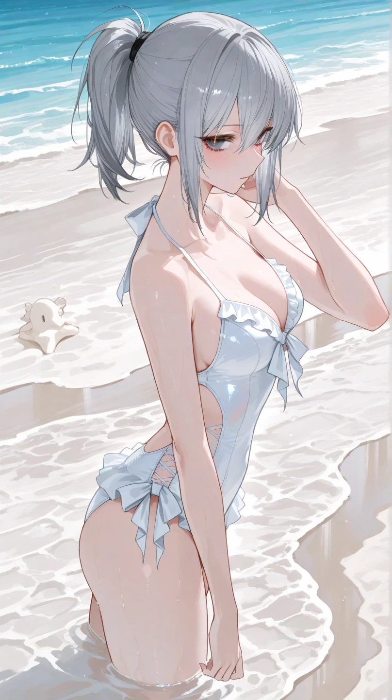 (((best quality)), ((masterpiece)), (details), masterpiece, best quality, high quality, ulutra detailed, perfect face, ((1girl, blue eyes, cat ears: 1.3 silver bob hair: 2.5,)) 、Shiny Hair、Glowing Skin、blush、Lustful look、Side Angle、Ocean岸、Ocean、evening、Sitting on the shore、Put your face on your knees、View here、One-piece swimsuit with frills、barefoot、smile