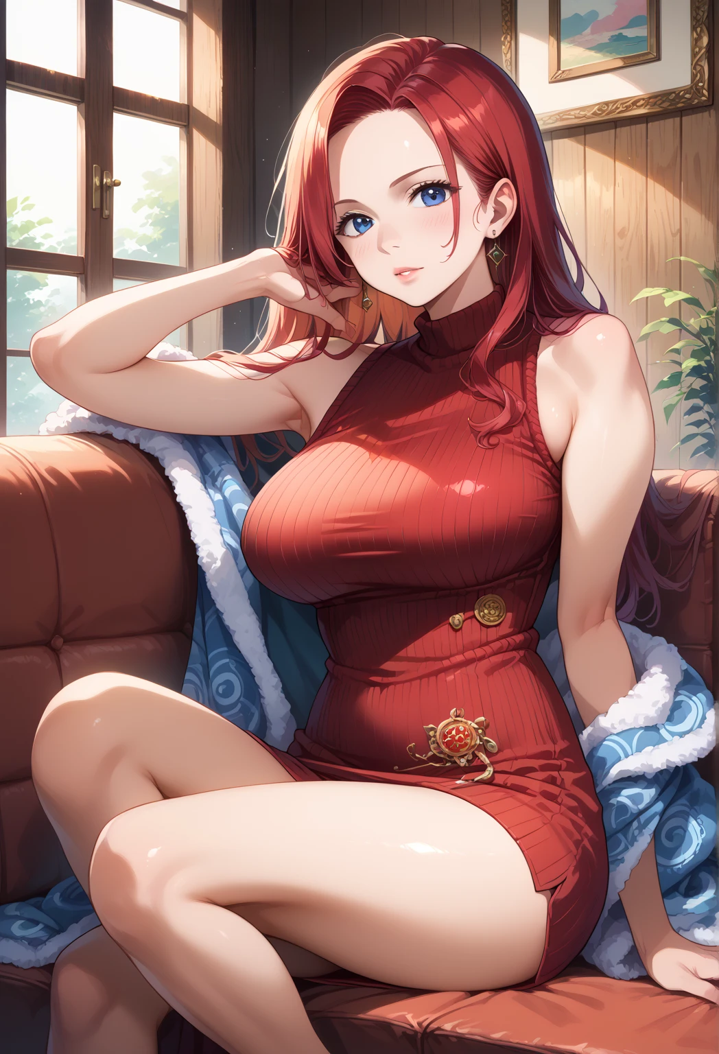 Young 性感of woman wearing a red dress sitting on a chair, 昏暗of灯光, 性感of, 热of, of((Large Breasts、Breast sagging、Low-cut,Cleavage ,Wide hips,)))((Long legs)),Hourglass figure))