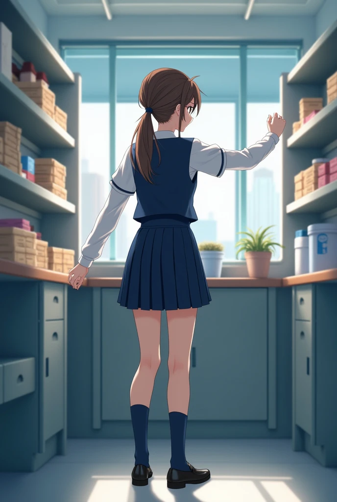 High school girl, baby face, short cut, brown hair, uniform, checked skirt, high socks, campus, smile, back view, turning around, Japanese