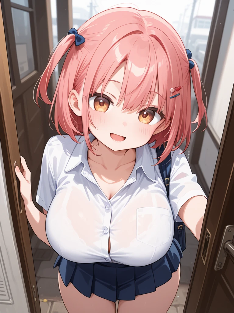 (Perfect body),Best Quality,16 K,(((((Lori)))))、(((NSFW)))、(((((blush))))),(:d)、(V-shaped eyebrows)、embarrassed from,(((Short hair))), (((Orange Eyes))),((((Pink hair)))),(Sweat),((((Wavy Hair)))),Ahoge,hair clips,(white knee-socks),((Big ass)),(((Light blue striped panties)))、(School uniform)、(((Mini skirt)))、(((((Panchira)))))、(((((large full breasts)))))、(((thick thighs)))、((spreading legs))、(((((short in stature)))))、Bedroom