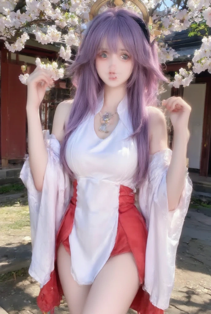 (Highest quality:1.4), High resolution, masterpiece,, One girl,, Light purple hair, Purple eyes, (Kemomimi), Medium chest, Naked thin thighs,, hair ornaments, (red|White Japanese shrine maiden outfit), Removable sleeves,, red面,, lanthanum, shrine,, Detailed face,