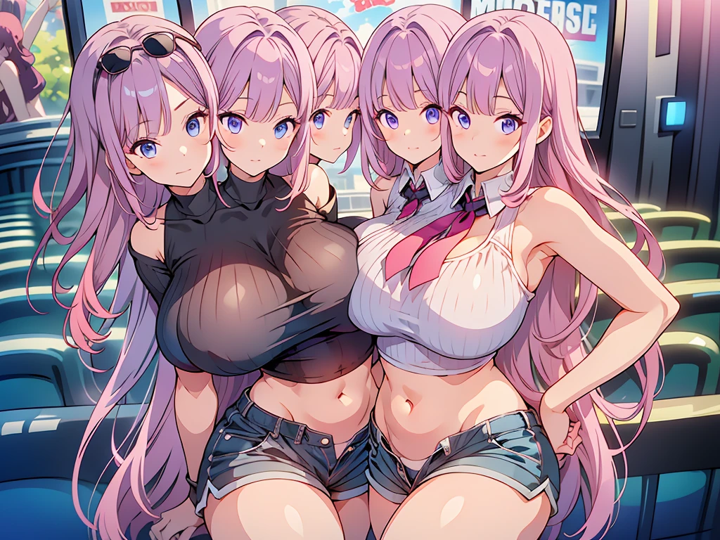 2heads, a short thick woman with 2 heads. In a game room. Cute. Long messy pink hair. Young. Wearing an unzipped hoodie. Wearing ripped jeans. Cute. Small. Blushing. Happy. Huge erect nipples.