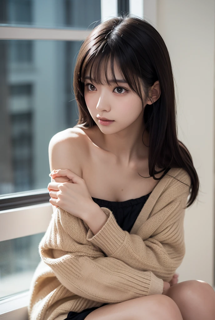  (8k, RAW photo, best quality, masterpiece, extremely detailed, absurdres:1.2) (realistic, photo-realistic:1.4) sharp focus, (blurred background:1.2) bokeh (close up:1.4) cinematic (leaning forward, from below:1.4)
BREAK
1 extremely cute Japanese woman, 20 years old, detailed extremely pale skin, chubby, blush, embarrassed (flat breasts) big ass (dynamic sexy pose:1.4) (naked cardigan:1.2) indoors, big window, night scene, romantic mood