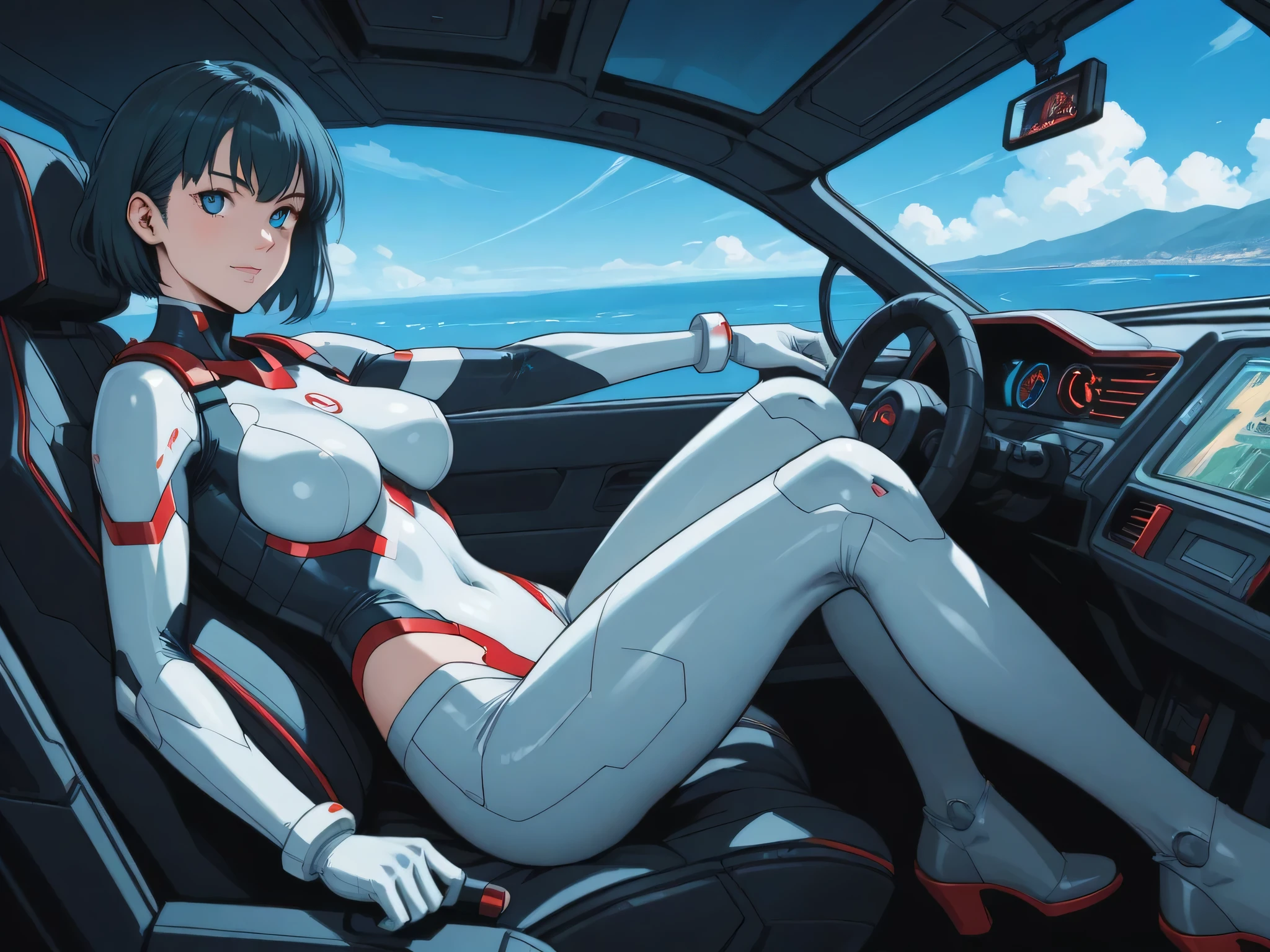cybernetic woman in car cockpit anime