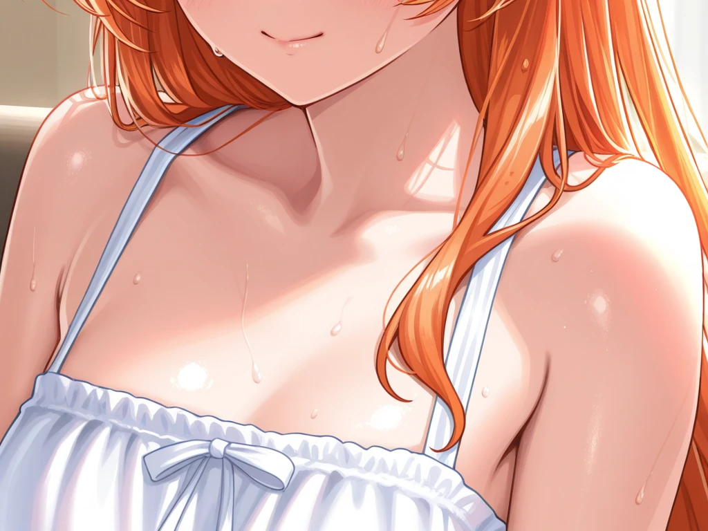 (dynamic angle),in the sandy beach, ocean, splashing, blue sky, windy, rim light, sunlight, beautiful lighting, strong light,pale Light orange Hair, long hair, twintails, hair ribbon, girl1,(open whiteshirt:1.6), (upper body), completely nude, (small nipples:1.2), (small areolas:1.2), kawaii, cute, pale purple eyes,(shy), (blush),(light smile),