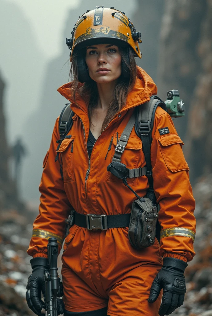 Photo of a fearless female firefighter in her full firefighting gear, standing confidently in a dark and treacherous cave, wearing a sturdy firefighter suit, rugged rock formations.
open suit, cleavage, sweaty, wet clothes, sexy, smoke