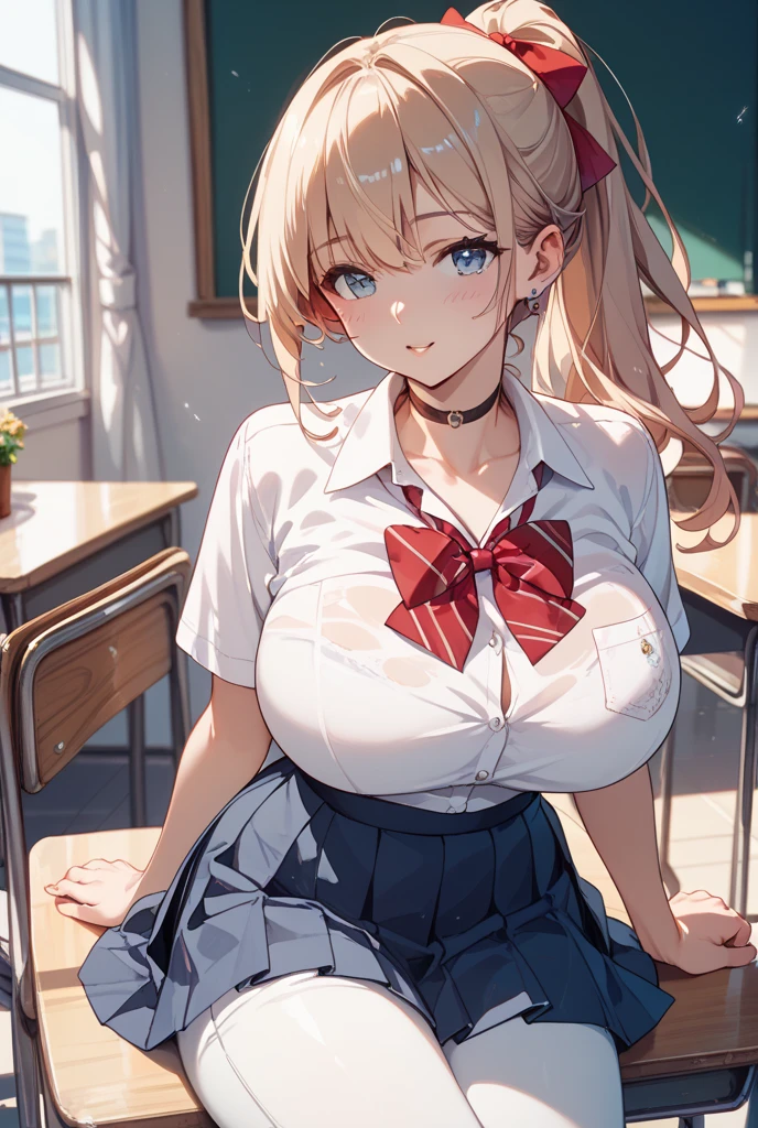 (from above1.2)、(Standing1.3)、(great joy:1.3)、(cleavage cutout:1.5),、(upturned eyes:1.3)、(school uniforms:1.3), (white solid-color clothes around waist:1.5), (knot on waist:1.3), (white collared-shirt:1.4), ((white collar, unbutton, short sleeve):1.2), (red plaid-pattern pleated-skirt:1.3), ((necklace, colorful bracelet, X hair ornament):1.2), ultra-detailed、(8k, RAW photo, best quality, masterpiece:1.2), (extremely detailed 8k wallpaper),illustration、professional lighting,sharp focus, depth of field、 nsfw、clear eyes、perfect anatomia、girl with、15yo student、Black Gal(dark-skinned:1.2)、、Plump thighs、huge tit、（Focus on the chest：1.5）,、Blue eyes、a blond、(makeup:1.1)、(Loose socks below the knee:1.2)、