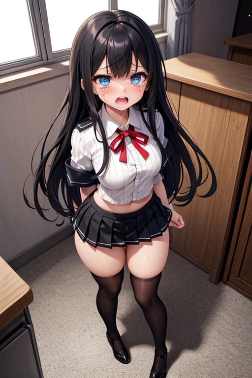 (((best image quality、8K、woman)))、((high school girl、Sex、cute、beautiful girl))、((wearing a uniform、flipping up the skirt、pantsが見えてる)、lewd、pants、panties、Flipping up the skirt with your own hands、Facing the front and looking down、Grabbing a skirt with your own hands、random、squat、Upper body is wet、bra、