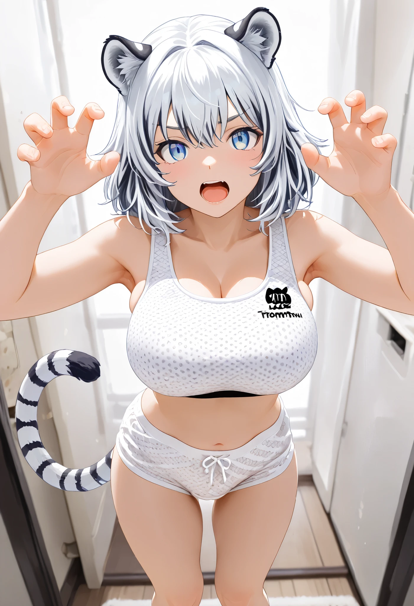(((Masterpiece))),8k,4K,( high resolution),japanese illustration,anime,2girl , (1girl white tiger tail happy standing claw pose animal ears blue eyes open mouth hiwapantsu white print pantie white print sports bra large breasts),(1 girl tiger tail happy standing claw pose animal ears blue eyes open mouth hiwapantsu white print pantie white print sports bra large breasts),indoor,monsxl,large mons pubis,