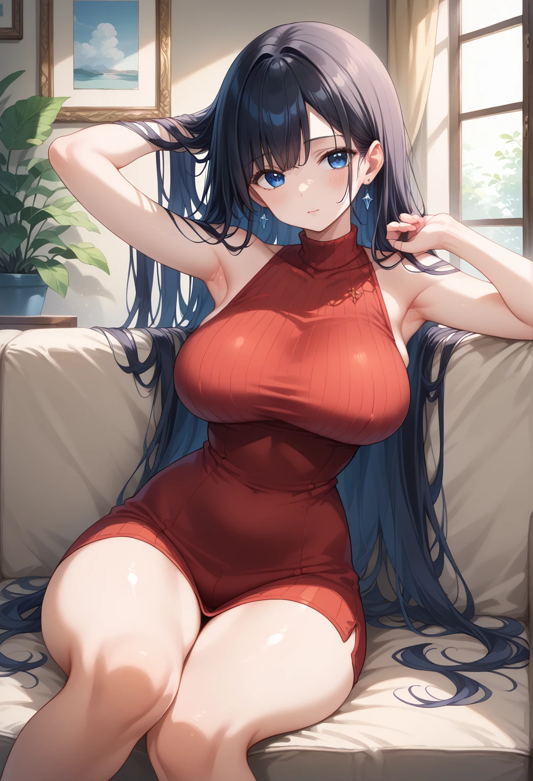 Masterpiece, best quality, love live style,solo ,1girl,soft detailed hair strands,Big braid,long black hair,red transparent camisole, breasts, thighs,sweaty, lie down on the sofa,semi closed eyes, blue eyes , begging for sex, steaming body, blushing,full makeup