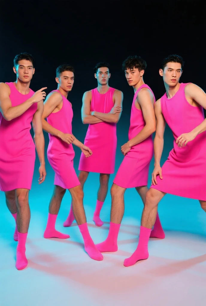 male triplets each carrying a red, wearing blue or green tight swim trunks and being in a men&#39;s underwear store