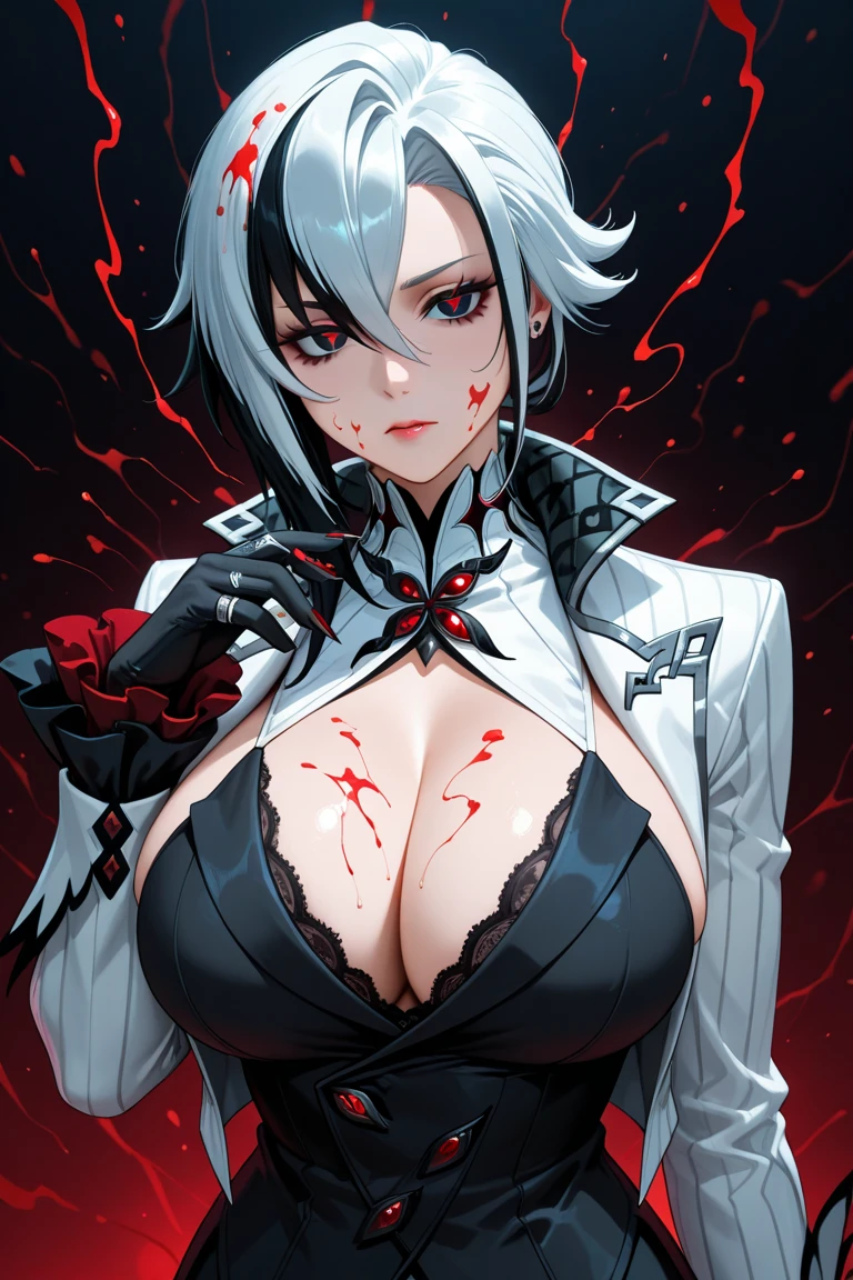 Kaneki cosplay,Lumine, danger, solo, crazy and evil smile, villainess, blood, wearing short clothes, big breasts, beautiful cleavage, school, holding a knife, sad, highly detailed eyes, highly detailed face, highly detailed background, look at the viewer