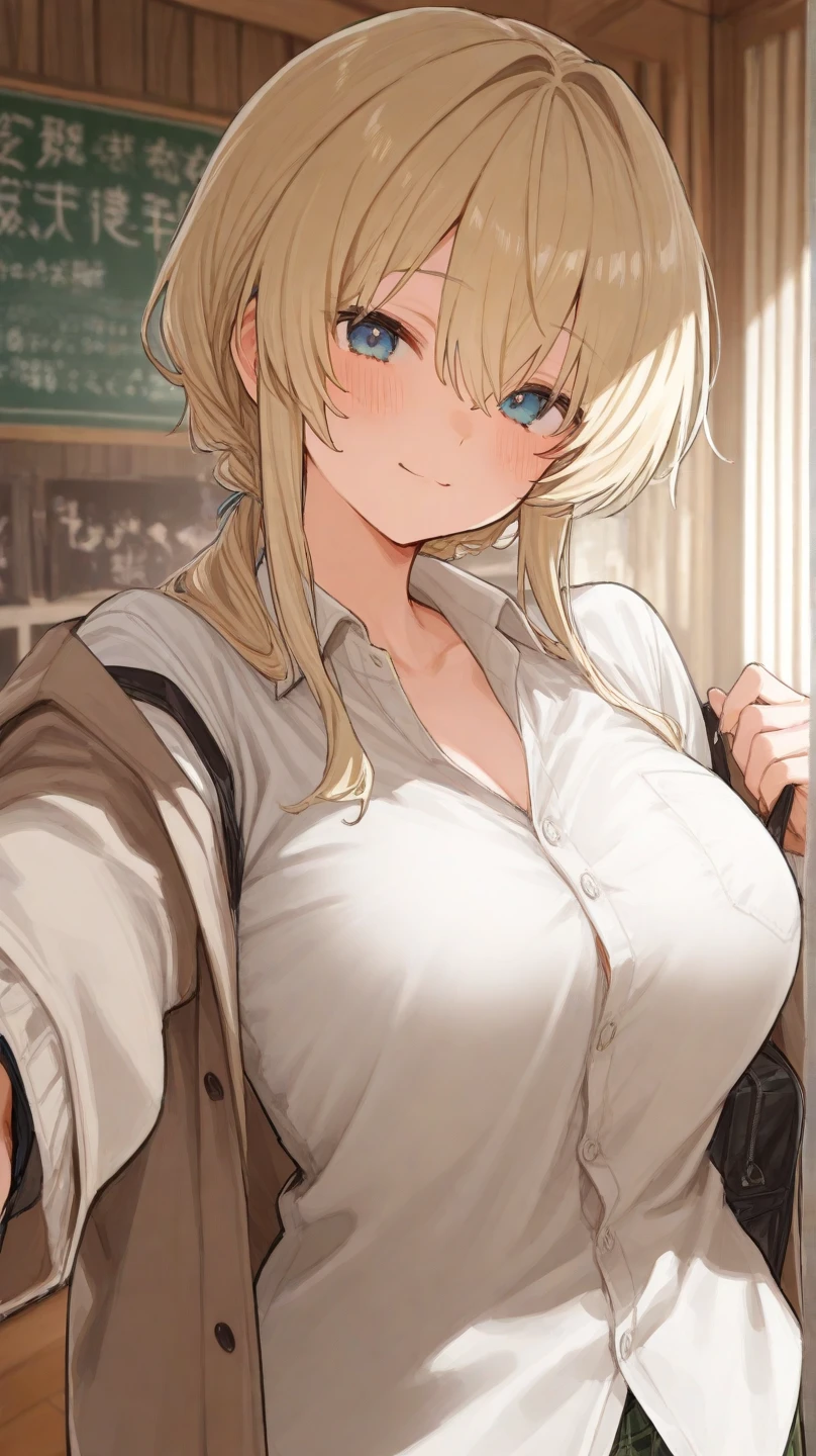 ellen_baker,((masterpiece)), ((best quality)), (ultra-detailed), ((extremely detailed)), 4K, (8K), 1girl, solo, (perfect anatomy:1.4), (five fingers), , (beautiful detailed blonde hair), (((world-class quality))), photorealistic, extremely detailed, high resolution, (detailed shaded pretty face), (mature lady), , beautiful detailed eyes, ((glowing detailed skin and hair)), white-skinned, shiny skin((((gleaming skin)))),seductive smile, green eyes, blonde hair, long hair, hair scrunchie, Sagging Breasts, , shiny, BREAK light blue jacket, (white unbuttoned shirt.:1.1), pencil Skirt, BREAK, , classroom, stylish pose