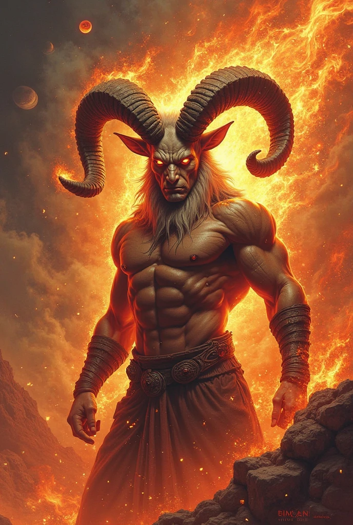 Humanoid demon with lava stick in hands in anime style