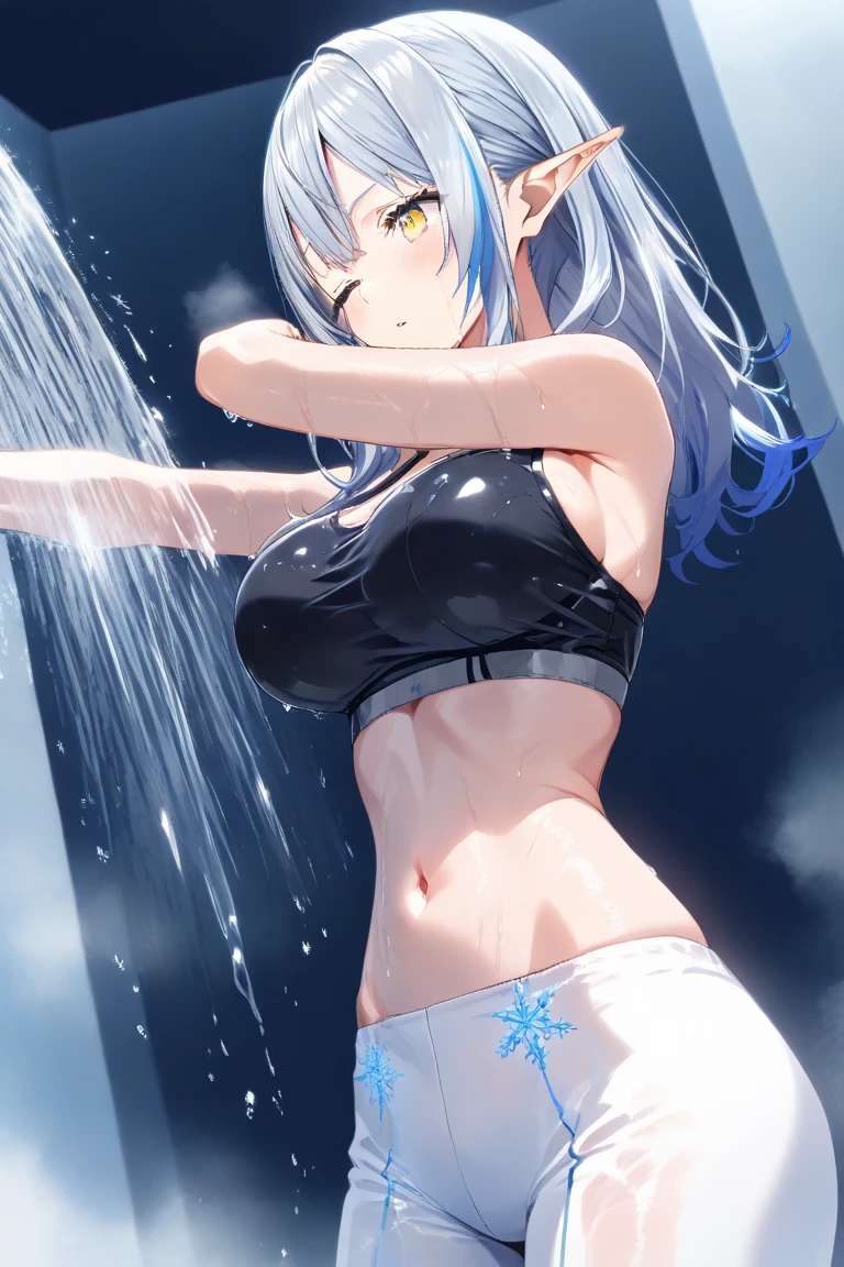1 girl, kanon kanase,  , blush, medium breasts, sleeveless, midriff, sitting. Cum, cum on face, cum on breasts,  collar, belt, headpated. 