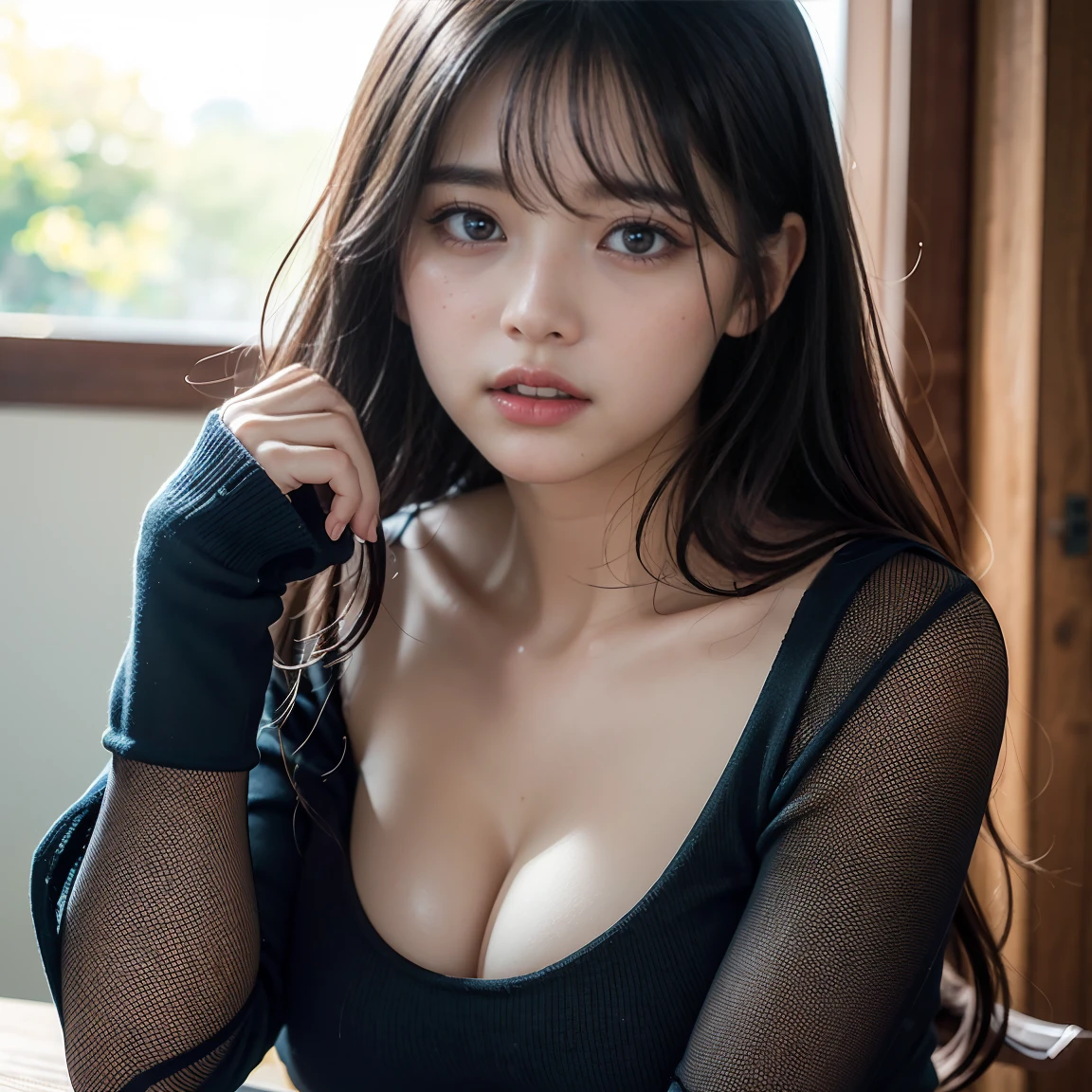 ((Best Quality, 8K, Masterpiece: 1.3)),((Hasselblad photo)), perfect glossy shiny skins, perfect lighting, detailed lighting, finely detailed skin, clear focus, (cinematic lighting), soft lighting , Beautiful Woman , (Random Hairstyle: 1.2), Ultra-detailed face, Glossy skin, Bangs, big boob , Exposed cleavage, blue Eyes, ((Dark background)), looking at viewer, off shoulder, black sweater, sharp face, open mouse, long bang, oversized hoodie,