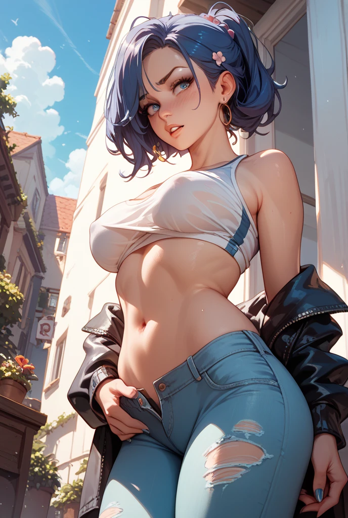8k_wallpaper, extremely detailed eyes, extremely detailed body, (large masterpiece digital art), (detailed manga illustration), (detailed line art), ((perfect anatomy)), (intricate details:1.3), (ultra-detailed:1.3), (illustration:1.3), (sharp focus:1.3), (natural lighting:1.05), (vivid colors:1.3), (masterpiece), best quality, expressive eyes, perfect face, 1 girl, breasts, cleavage, gloves, large breasts, casual clothes, white shirt, tee shirt, denim jacket, jacket, {blue hair}, medium hair, wavy hair, (gray eyes), hourglass physique, alluring outfit, black denim shorts, shorts, dynamic pose, Huge ass, dynamic lighting, beautiful esd_woman, curvy, fur trim, hair bun,