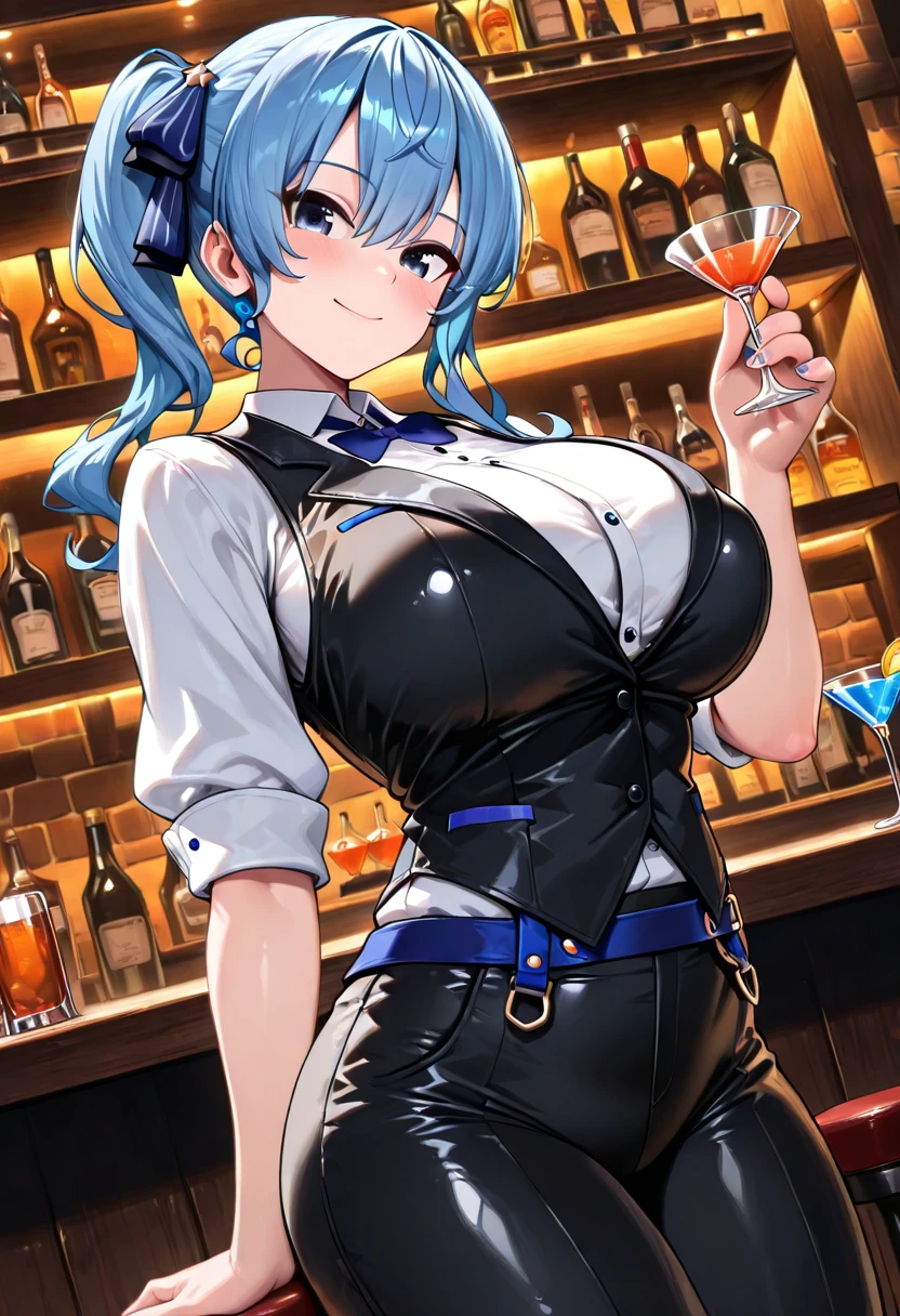 1girl, large breasts, wide hips, light blue hair, purple eyes, one eye covered, eyepatch, ((eyepatch)), very short hair, light smile, happy, bunny ears, bunnysuit, cleavage, bar