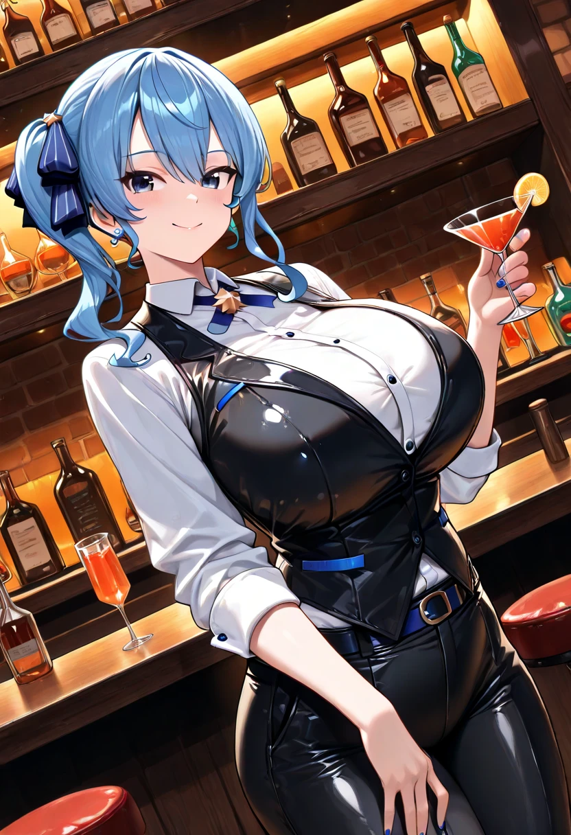 masterpiece, best quality, extremely detailed, highres, 1girl, titaniafrost, red eyes, wide hips, huge breasts, medium hair, fake bunny ear, playboy bunny, counter, blue leotard, strapless leotard, pantyhose, bartender, liquor bottles, holding tray, hands on own hips, window, cyberpunk, <lora:titaniafrost-lo-richy-v1:0.8> closed mouth, angry