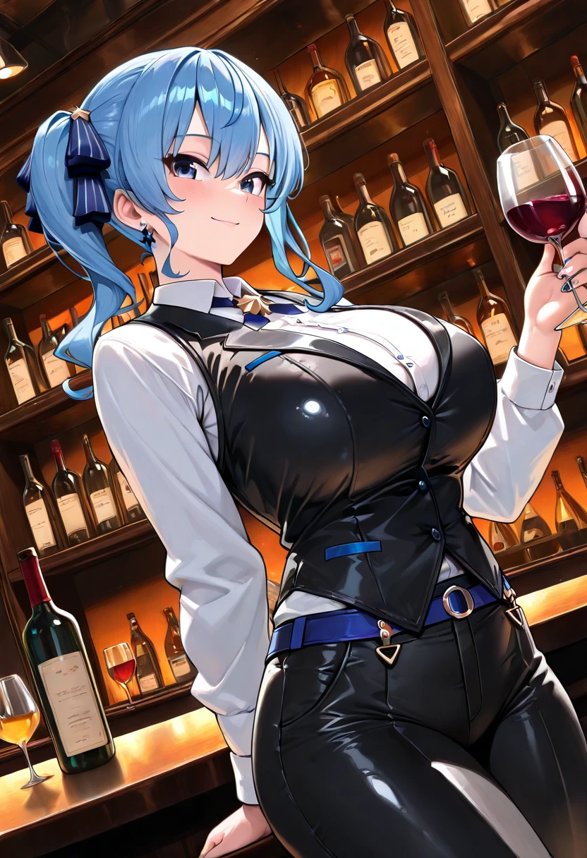 Eula, genshin impact, 1girl, alcohol, alternate costume, armlet, bare shoulders, black background, black dress, black gloves, black thighhighs, breasts, cleavage, criss-cross halter, cup, dress, drinking glass, flower, gloves, gradient background, hair between eyes, hair ornament, halterneck, holding, holding cup, large breasts, long hair, looking at viewer, blue hair, blue short nails, see-through gloves, solo, thighhighs, thighs, wine, wine glass, ((masterpiece)) pleated black skirt, sitting,