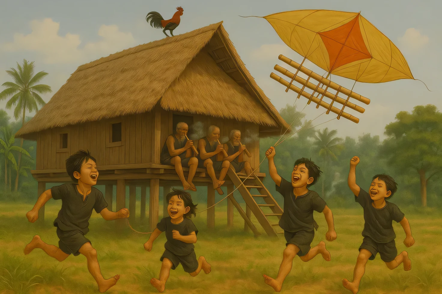 Two Indigenous kids surprised and happy looking at a nest of birds on a tree in Amazonia forest