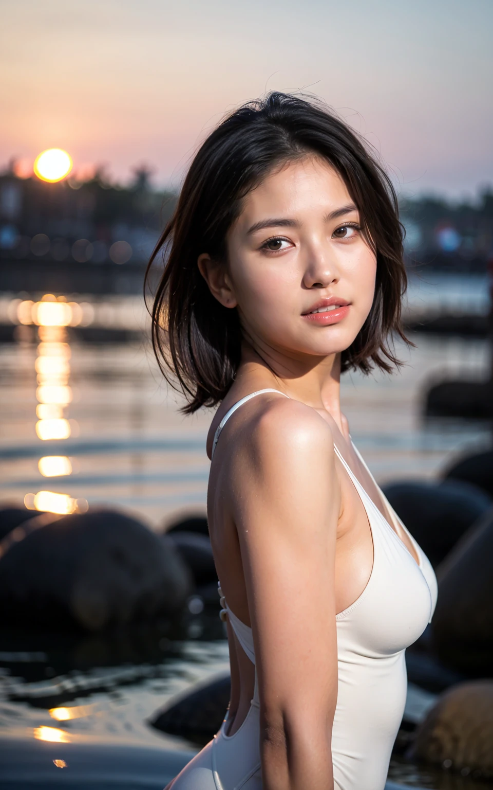 ((最high resolution、8K、最high resolution:1.3))、Photorealistic、Sharp Focus、high resolution、High resolution、Portrait、solo、Japanese、Middle-aged women、Beauty、Full Body Evian、47 years old、Long Hair、Wrinkles at the corners of the eyes、Poolside、Beautiful blue sky、Sexy figure、((Swimsuit、Swimsuit))、Thighs、((Thighs、Large Breasts))、Red lipstick、Blue eyeshadow、Curly Hair、